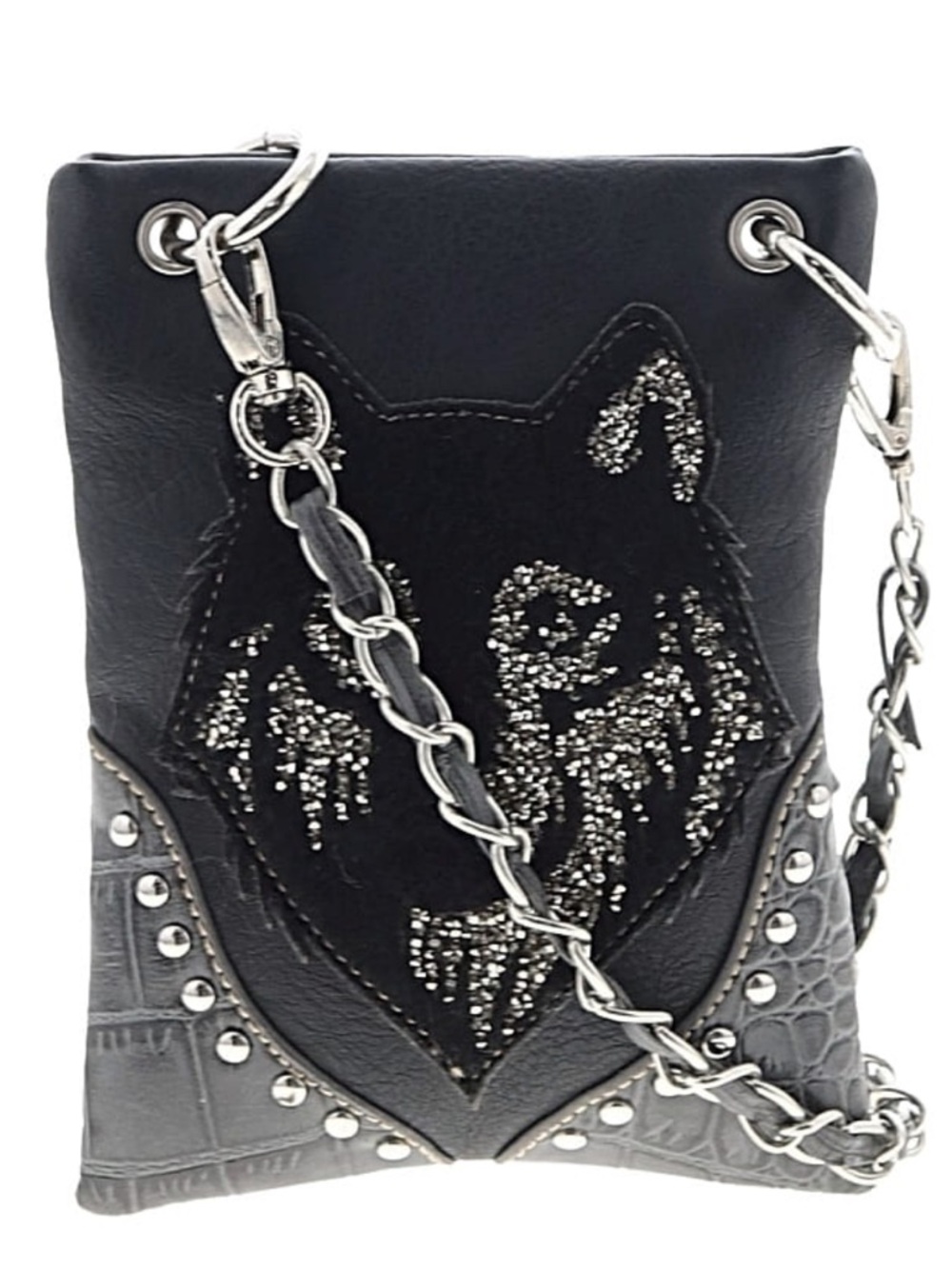 Unbranded Black Wolf Crossbody Bag Faux Leather Studded Chain Strap